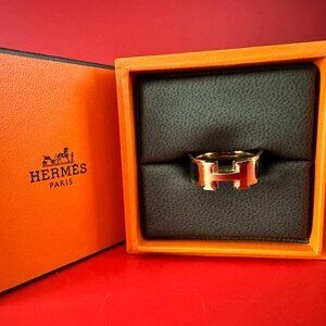 Hermes Black Enamel Gold Tone Clic Clac H Band Ring Size 8 1/4